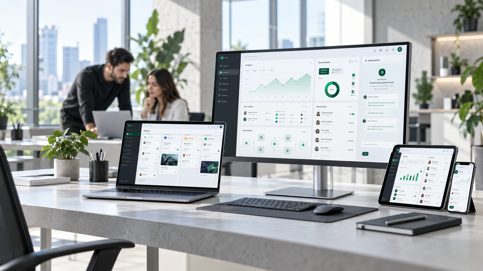 Équipe technique développant une plateforme SaaS de vente intelligente sur écrans de bureau